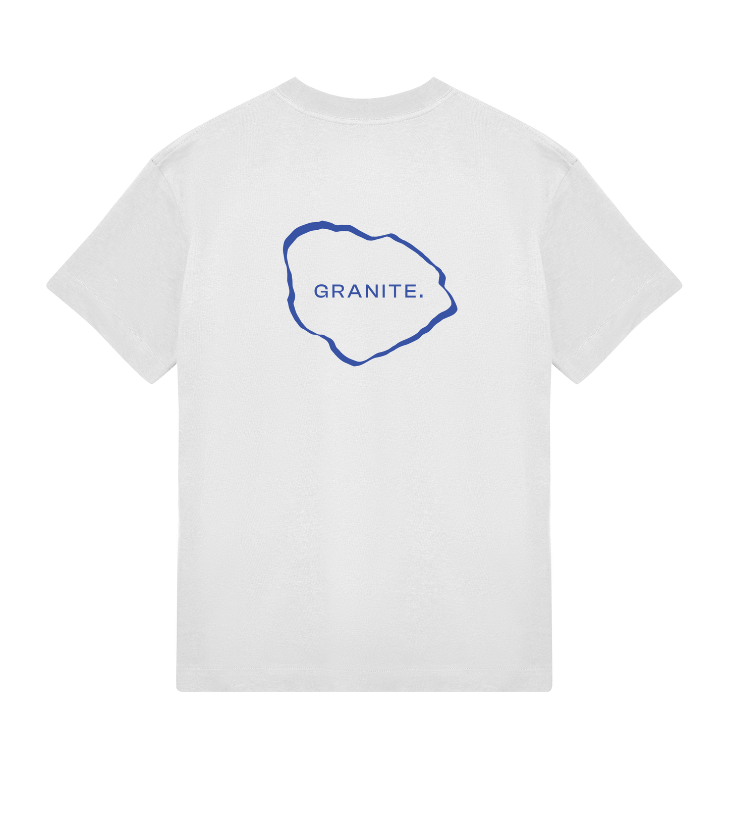 White GRANITE. ESSENTIAL tee with blue GRANITE. logo on the back