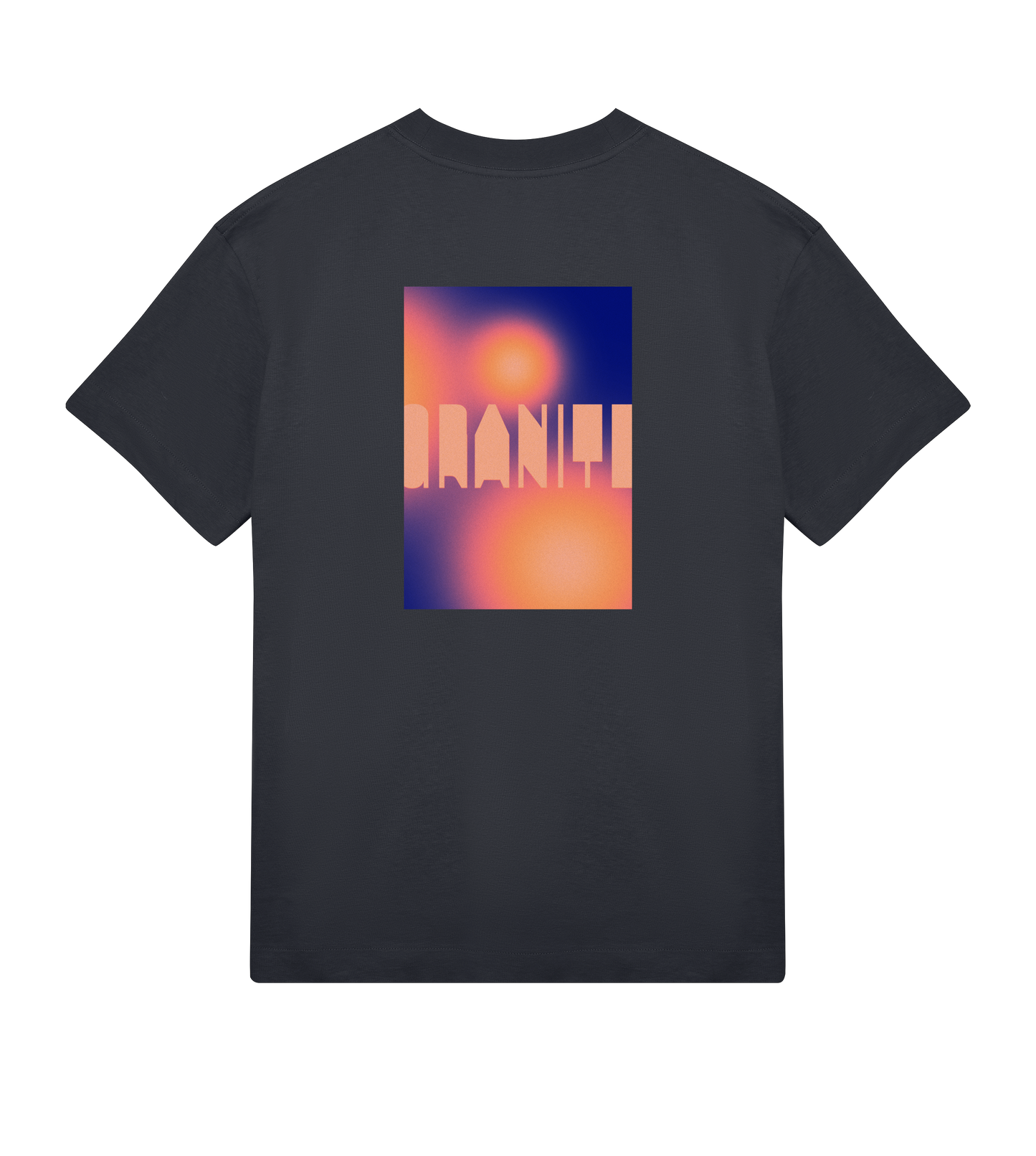 Black GRANITE. TEE.02 with colorful grainy gradient in the back and GRANITE. logo