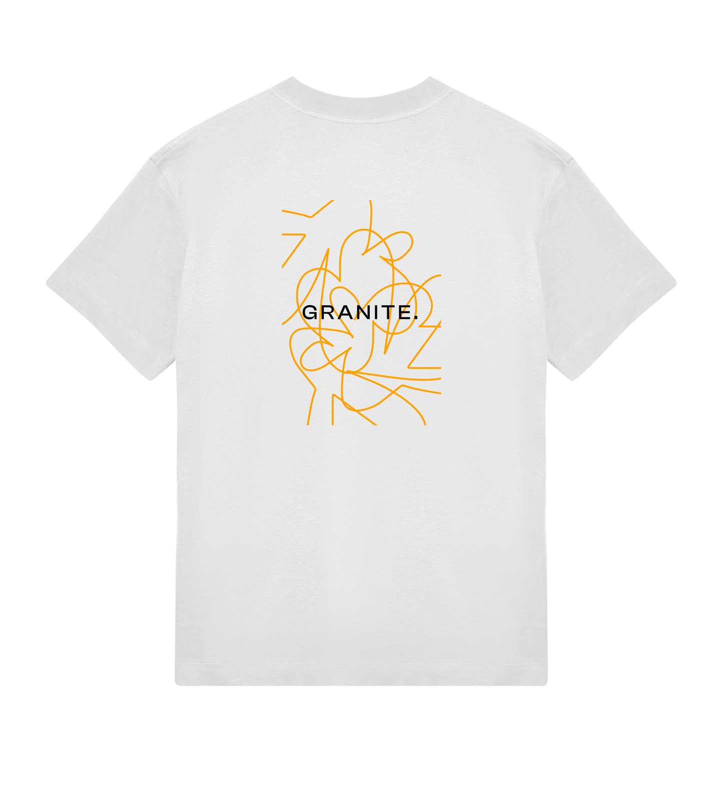 White GRANITE. TEE.01 with orange movement lines in the back and GRANITE. logo
