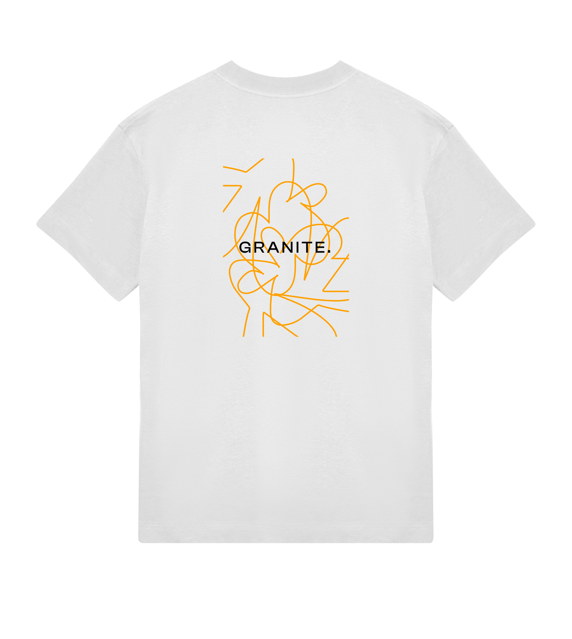 White GRANITE. TEE.01 with orange movement lines in the back and GRANITE. logo
