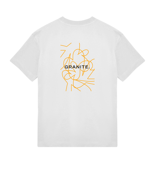 White GRANITE. TEE.01 with orange movement lines in the back and GRANITE. logo